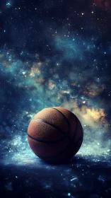 Cosmic basketball rests beneath a luminous starfield sky.