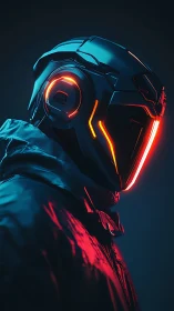 Neon-lit tactical exosuit helmet profile with emissive visor