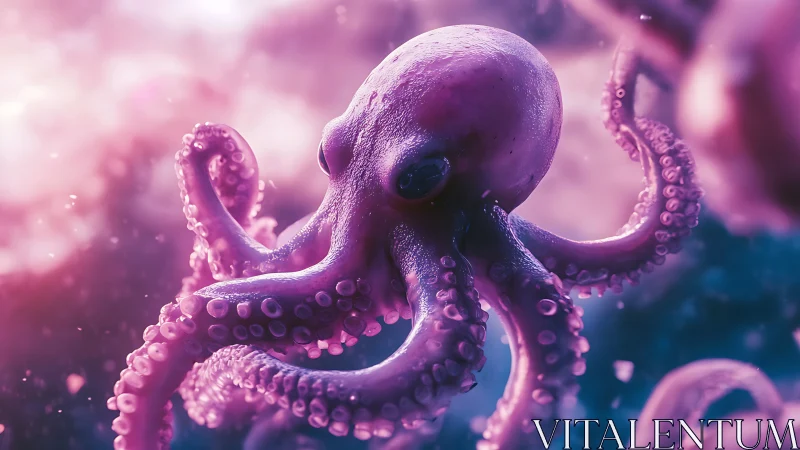 Bioluminescent octopus rendered in neon magenta bokeh seascape
