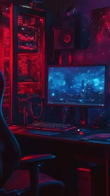 Cozy neon gaming setup glowing in deep red and blue light.