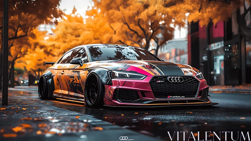 Low-slung Audi street racer amid vivid orange foliage.