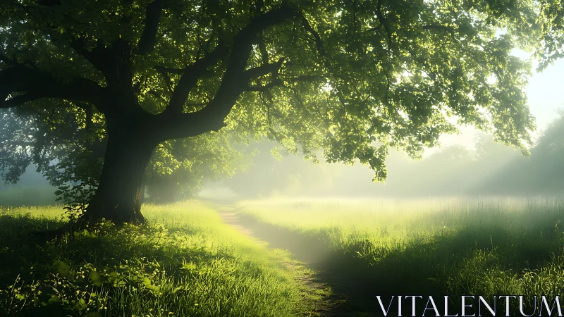 Serene forest path bathed in morning sunlight, natural landscape style.