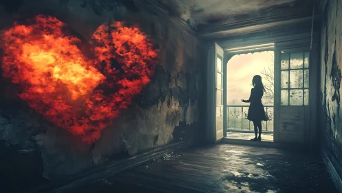 Woman Faces Glowing Heart in Abandoned Room.