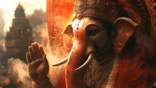 Digital rendering depicts Ganesha figure amid warm haze