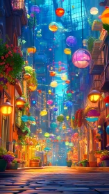 Lantern lit alleyway glowing with cozy, colorful evening magic.