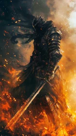 Armored flameswept knight emerges from infernal battlefield