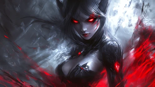 Demonic sorceress with red energy shards in swirling vortex.