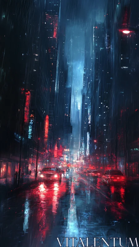 Rain-soaked cyberpunk avenue glows under red neon glare