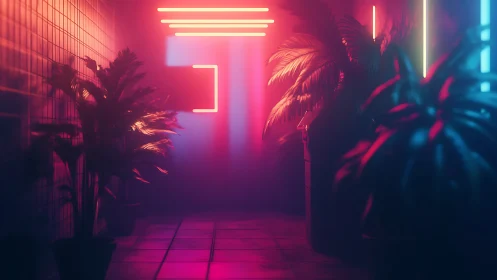 Neon lit corridor with potted plants and tiled flooring.