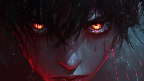 Demonic anime face with burning eyes in stormy rain.