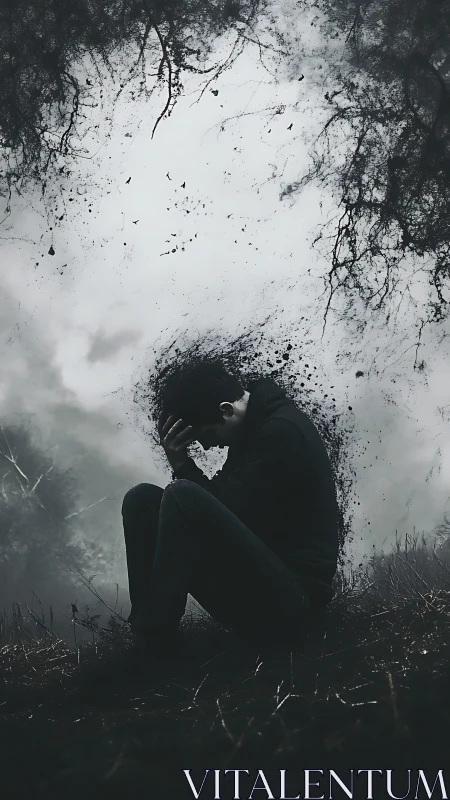 Solitary figure dissolving into stormlike particulate void.