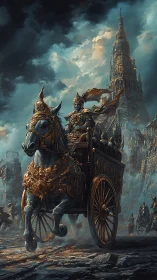 Armored war chariot before towering citadel under storm clouds.