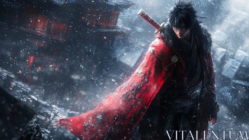 Lone samurai strides through a storm of snow and neon embers