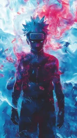 Storm-forged ninja silhouette in neon red and arctic blue glow.