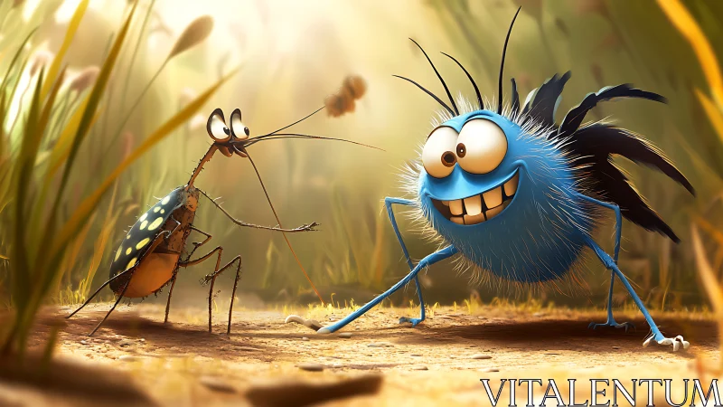 Goofy blue bug and tall insect meet on forest path.