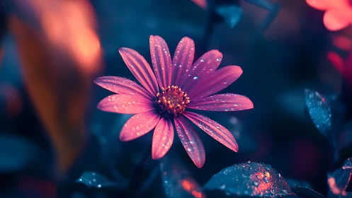 Pink Daisy Bloom Under Volumetric Backlighting With Bokeh Depth.