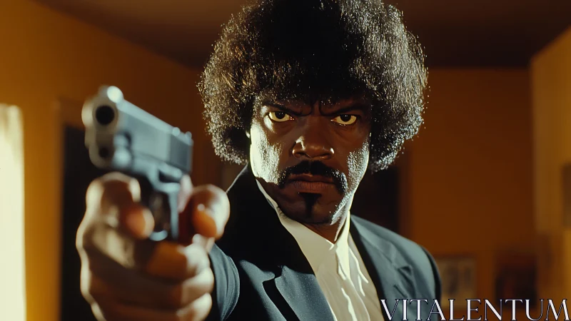 Man in suit points handgun directly at camera indoors