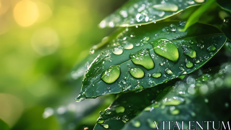 Close-up of fresh green leaves with morning water drops.