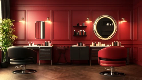 Red salon interior shows two styling stations with chairs