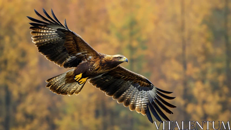 Majestic golden eagle in flight over autumn forest, wildlife photography.