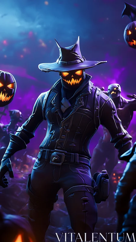 Pumpkin-headed gunslinger stalks a neon haunted graveyard