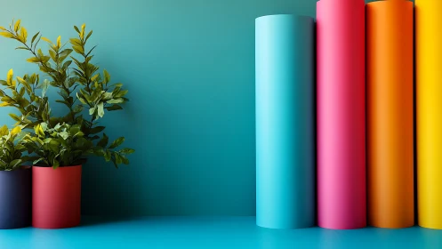 Chromatic cylinders and foliage in balanced color-field study.