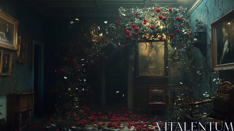 Midnight conservatory where roses reclaim a quiet parlor.