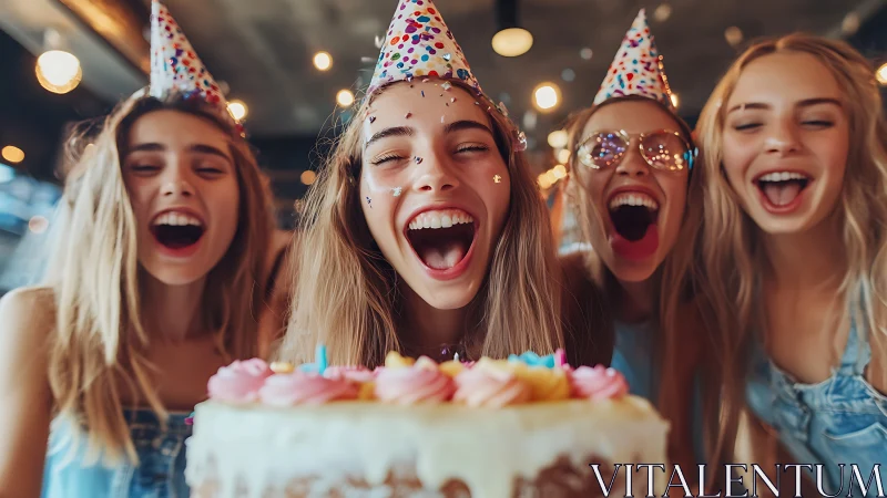 Friends Celebrating Birthday with Cake and Party Hats Indoors
