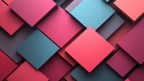 Stacked geometric squares in bold gradient colors background.