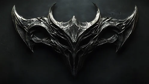 Symmetrical dark metal mask exhibits intricate gothic blade geometry