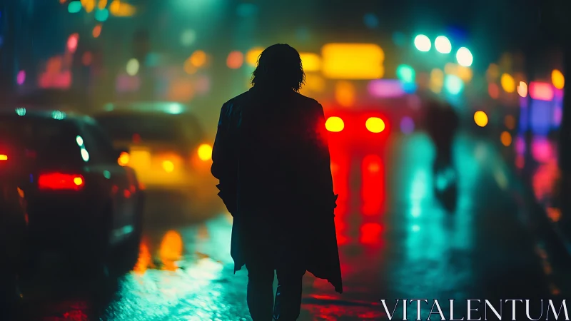 Silhouetted figure walking on wet city street at night.