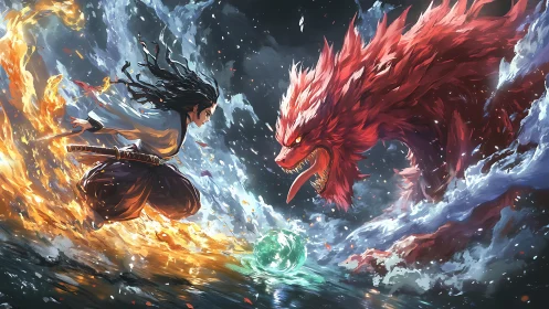 Elemental samurai confronting colossal fire beast in storm.