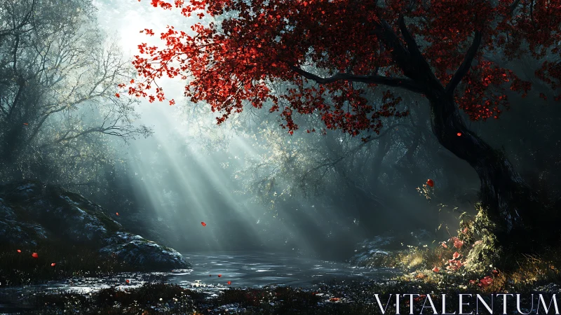 Scarlet tree leaning into silver fog and riverlight hush.