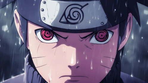 Intense anime ninja close-up in heavy falling rain.