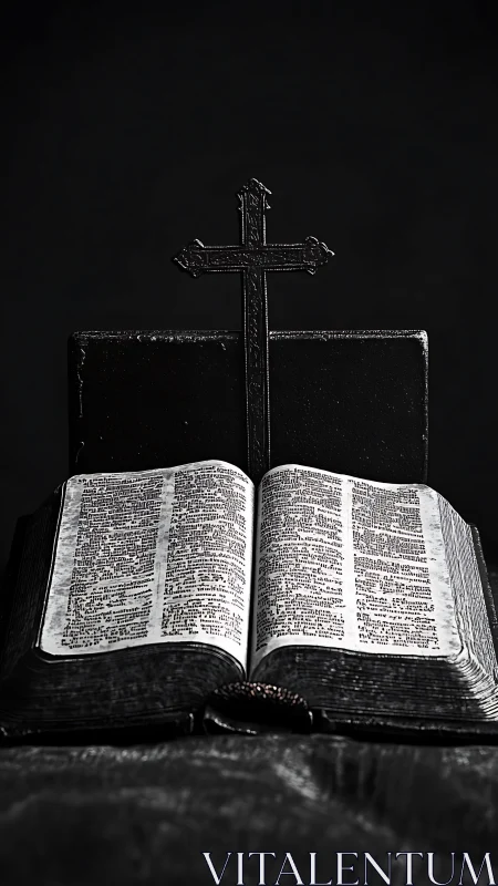 Open vintage Bible under ornate cross on dark backdrop.