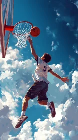 Dynamic vertical leap toward basketball hoop amid stylized cloudscape