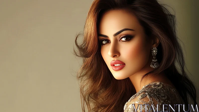 Digital portrait of woman in ornate dress against plain wall.