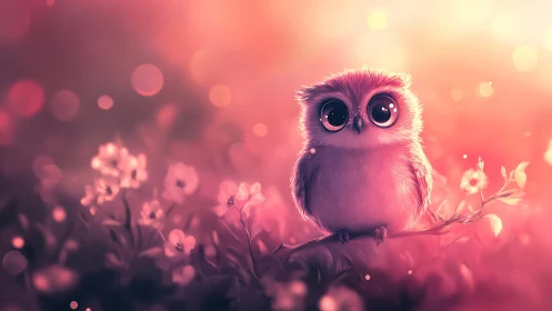 Adorable Wide-Eyed Owl in Dreamy Floral Fantasy Art Scene.