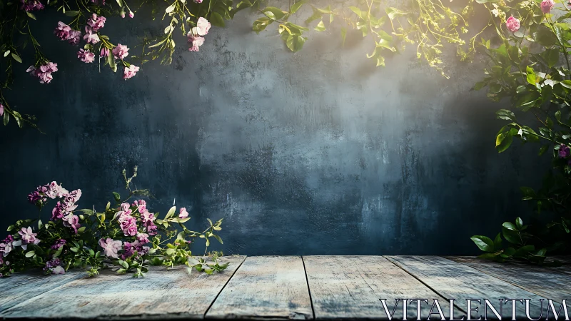 Floral Garden Against Weathered Indigo Wall and Wooden Deck