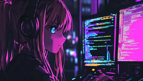 Focused anime coder works by neon screens in a cyber studio