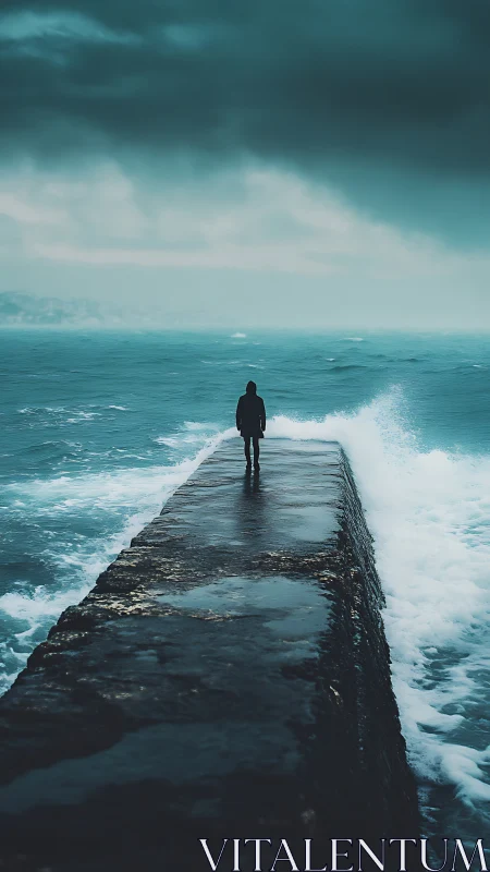 Solitary figure advances along storm-lashed ocean breakwater