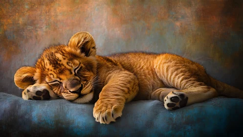 Sleepy lion cub curls into a dreamy, peaceful afternoon nap