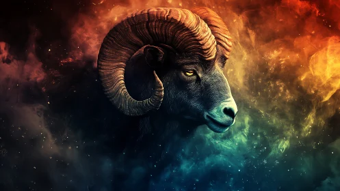 Ram head in glowing cosmic clouds with vivid colors.