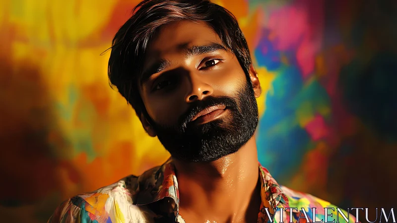 Color-drenched male portrait before abstract bokeh backdrop