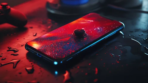 Smartphone on wet gaming desk with controller in background.