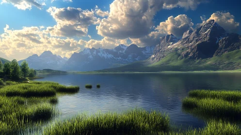 Mountain lake with grassy shoreline under clouded sky.