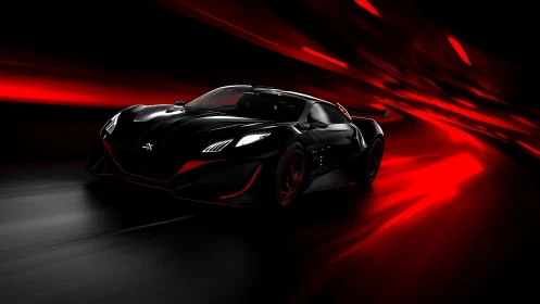 Sleek black supercar racing through glowing red night streets.