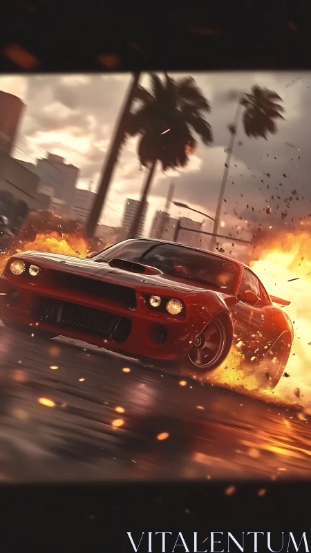 Red muscle car drifting through fire on a city street.