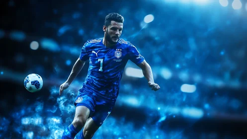 Dynamic blue-clad footballer in motion under stadium floodlights