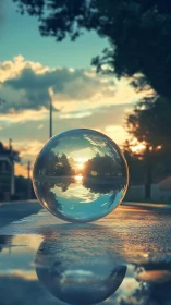 Crystal sphere reflecting sunset over wet urban street.